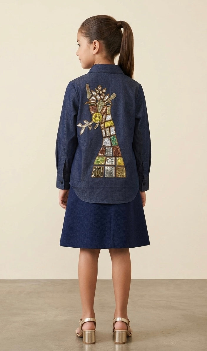 The Mirror-Mosaic Giraffe: Handpainted Denim-Finish Shirt with Sequin Embellishments