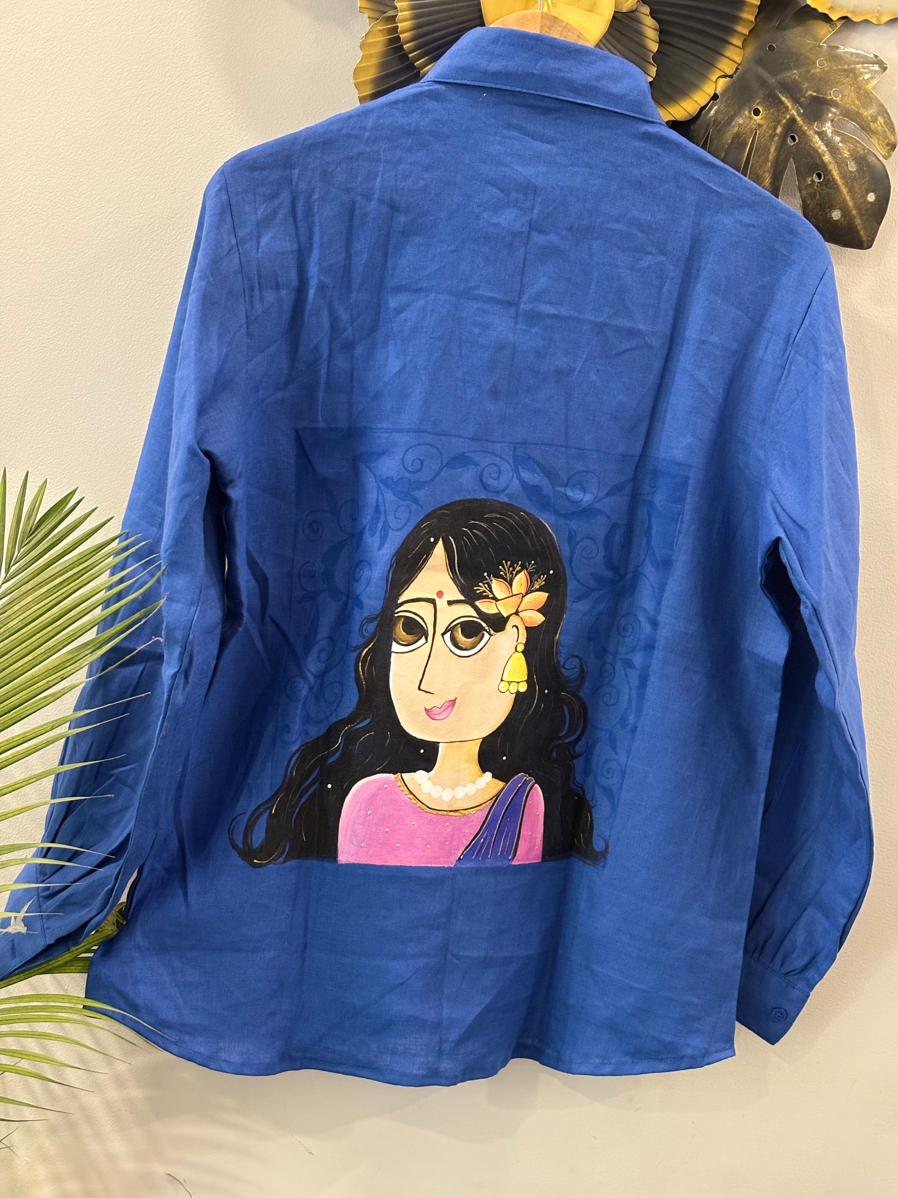 Handpainted Portrait Cotton Shirt – Royal Blue