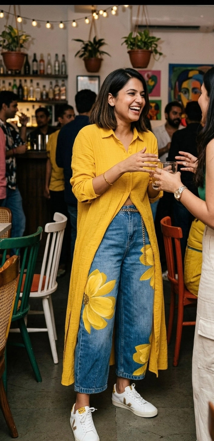 The Sun-Kissed Petal Set: Handpainted Longline Shirt & Denim Duo