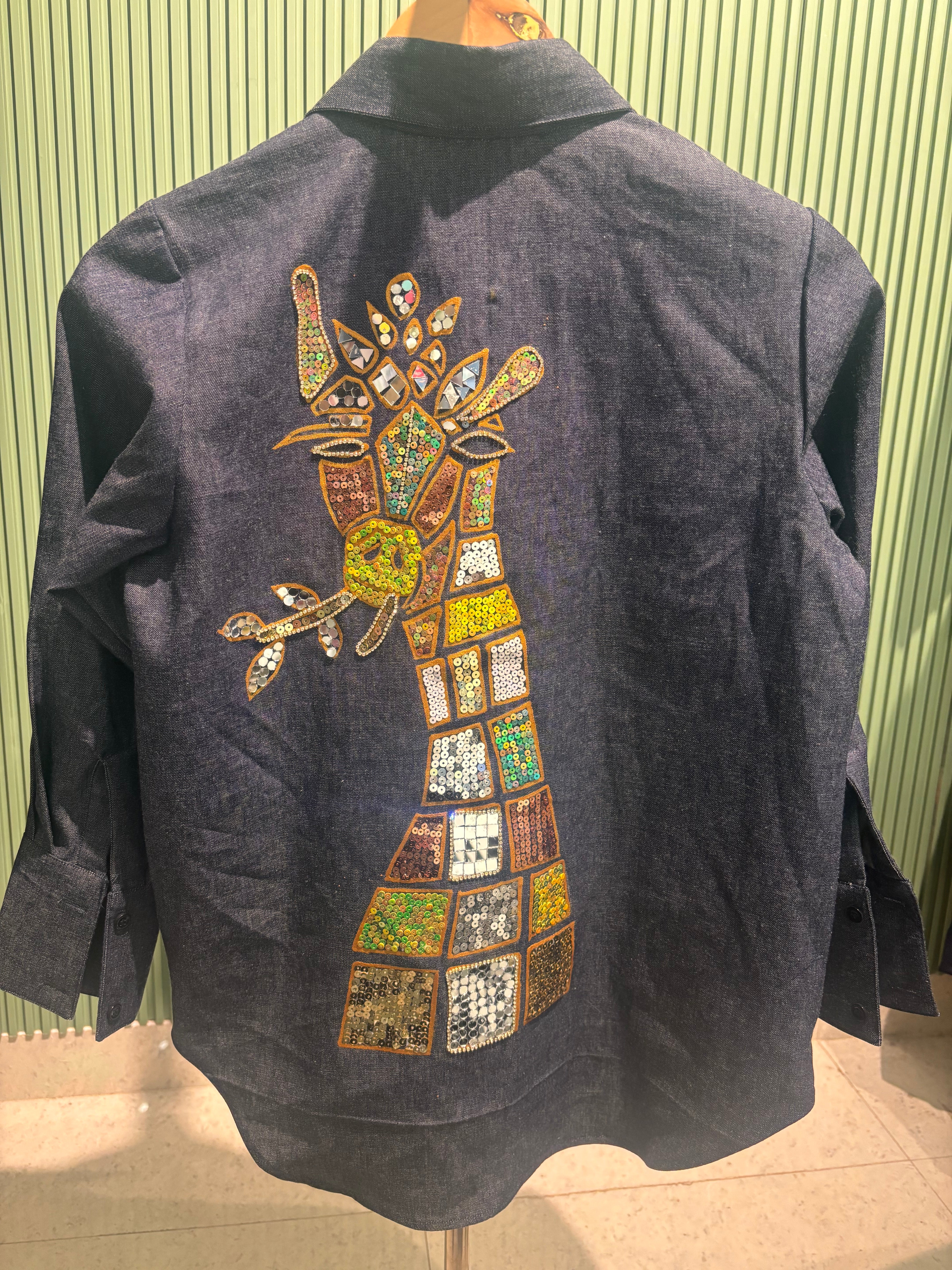 The Mirror-Mosaic Giraffe: Handpainted Denim-Finish Shirt with Sequin Embellishments