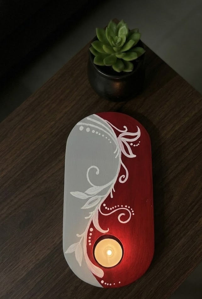 "Symphony in Red" | Bespoke Hand-Painted Wooden T light stand