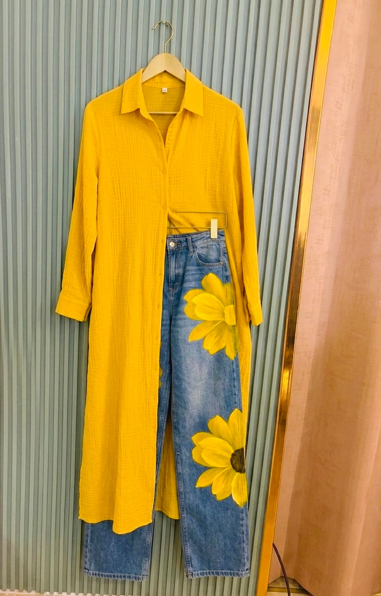 The Sun-Kissed Petal Set: Handpainted Longline Shirt & Denim Duo