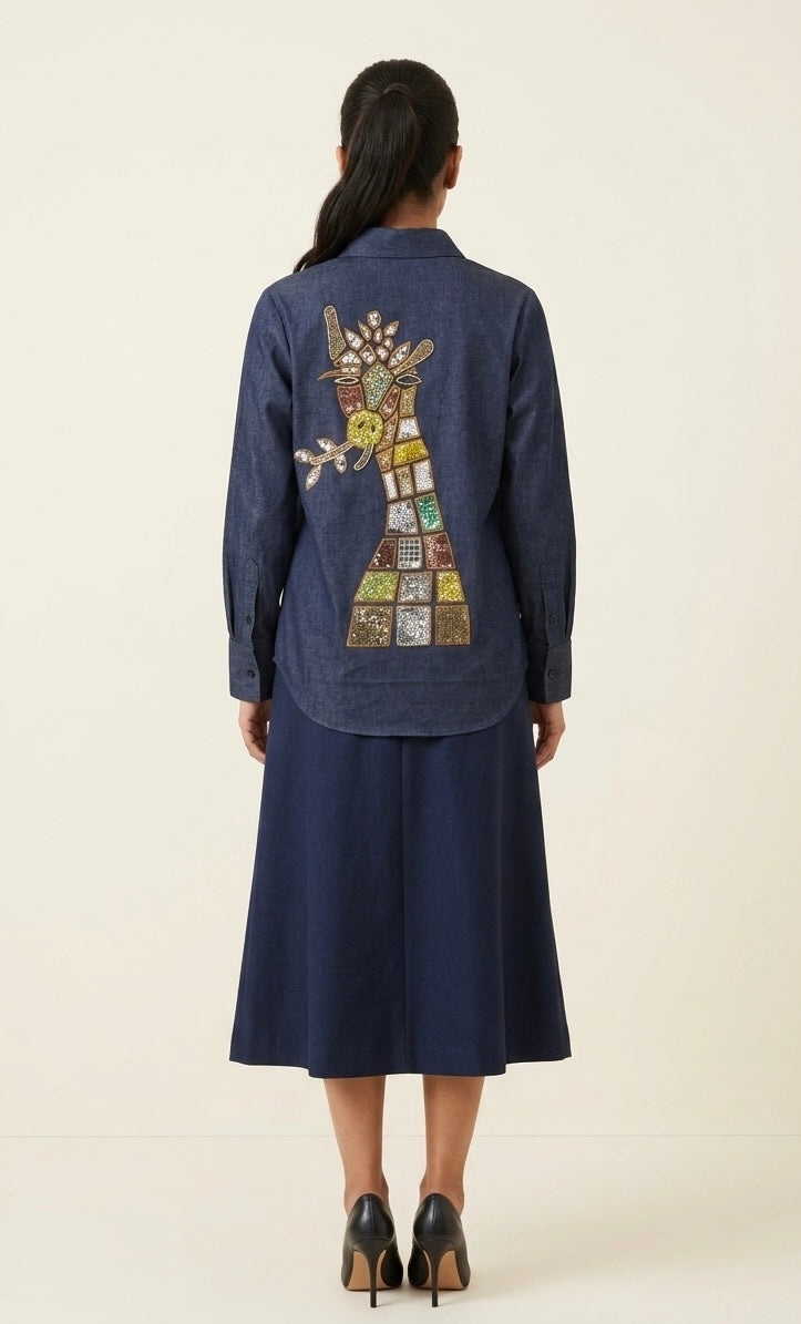 The Mirror-Mosaic Giraffe: Handpainted Denim-Finish Shirt with Sequin Embellishments