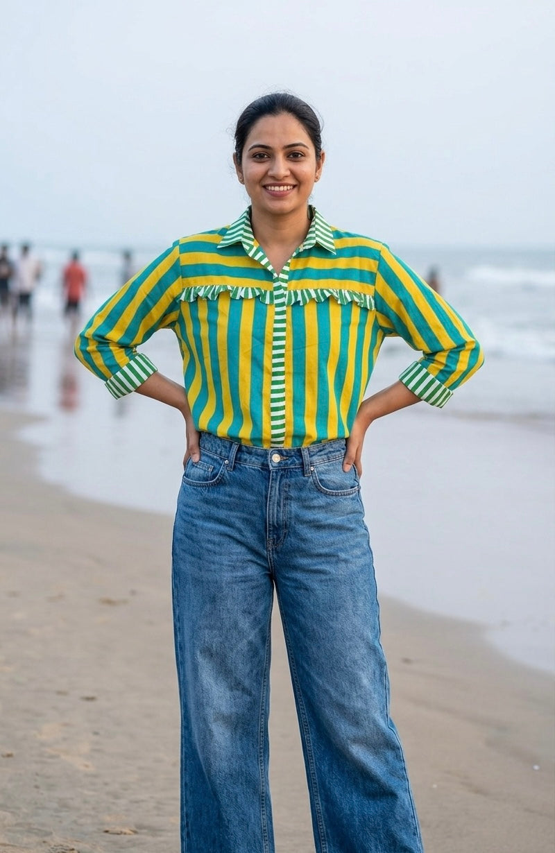Paakhisaa Ruffled Stripe Cotton Shirt