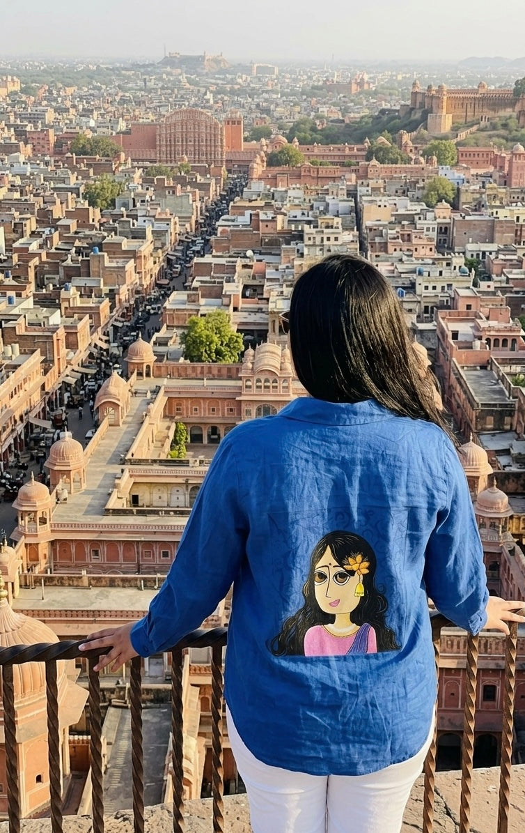 Handpainted Portrait Cotton Shirt – Royal Blue
