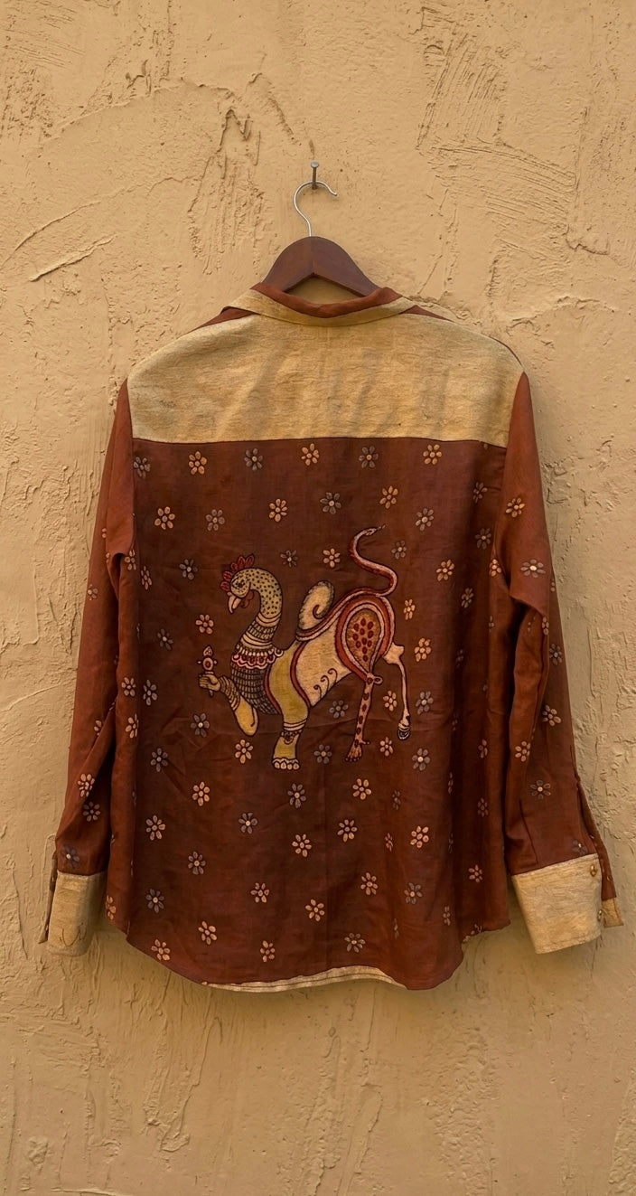 Hand-Painted Pen Kalamkari Cotton Shirt in Earthen Tones