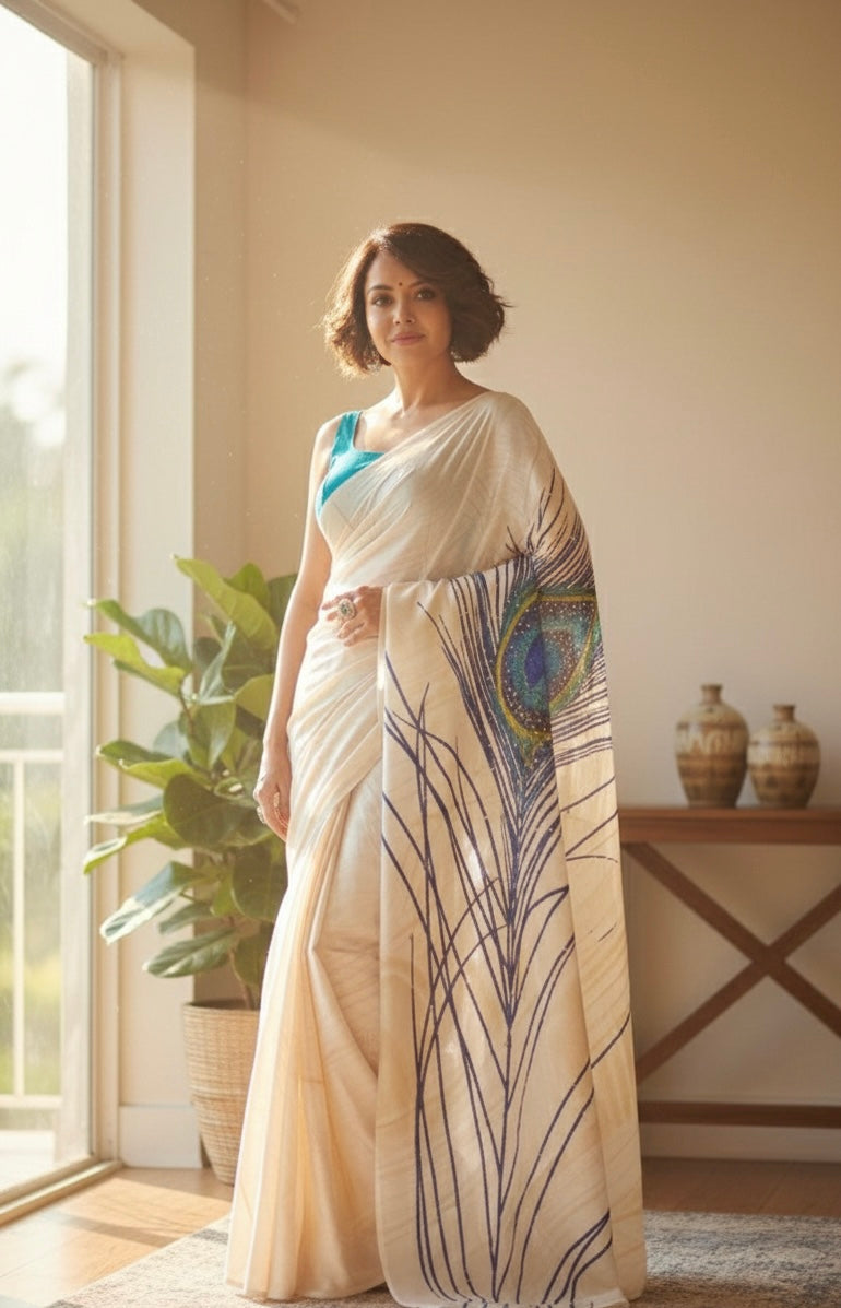 The "Mayura" Hand-Painted Tussar Saree