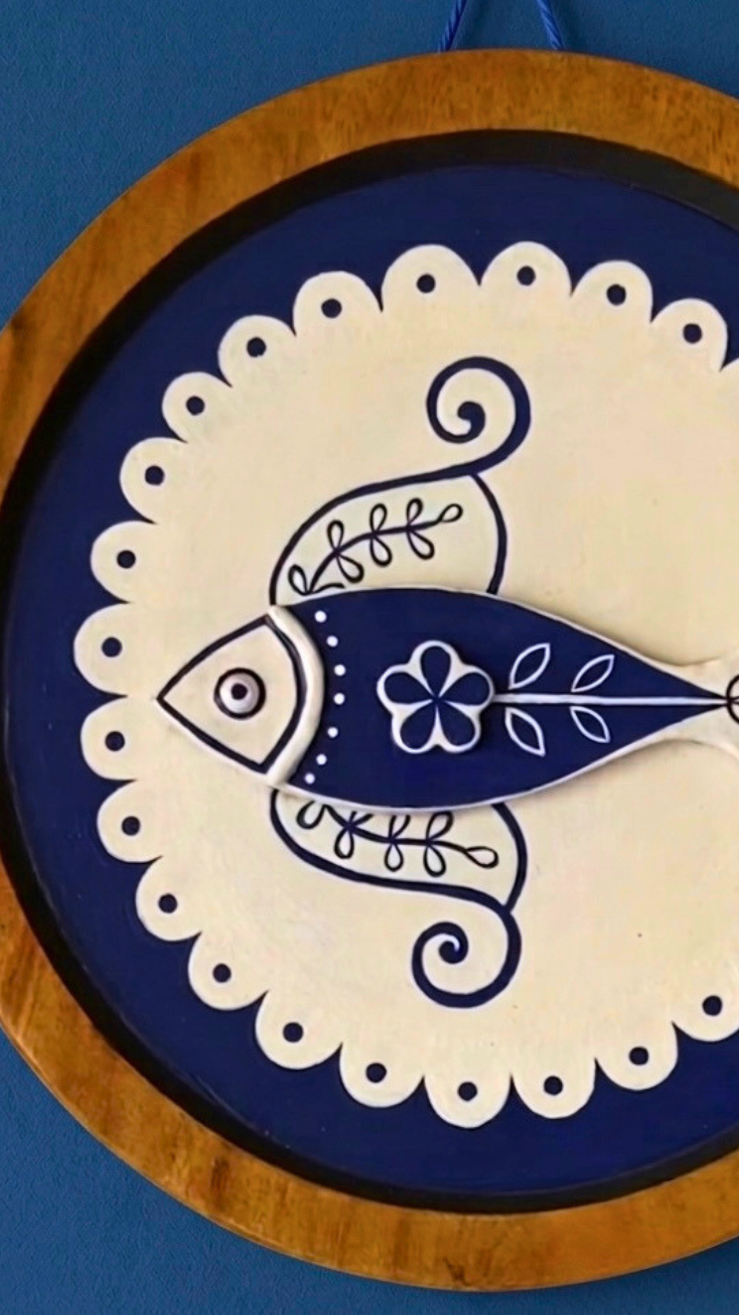 The Indigo Matsya: Hand-Painted Wooden Wall Art