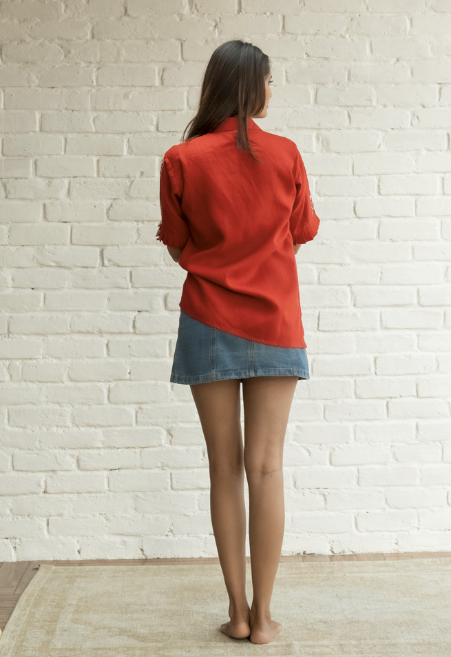 Owl Embroidery Red Linen Shirt