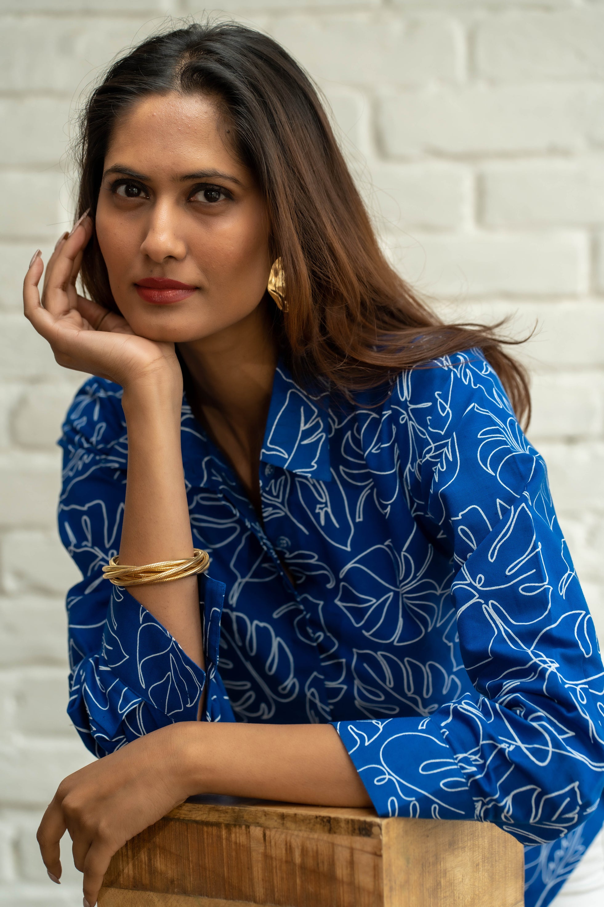 Serene Leaf Printed Blue Shirt