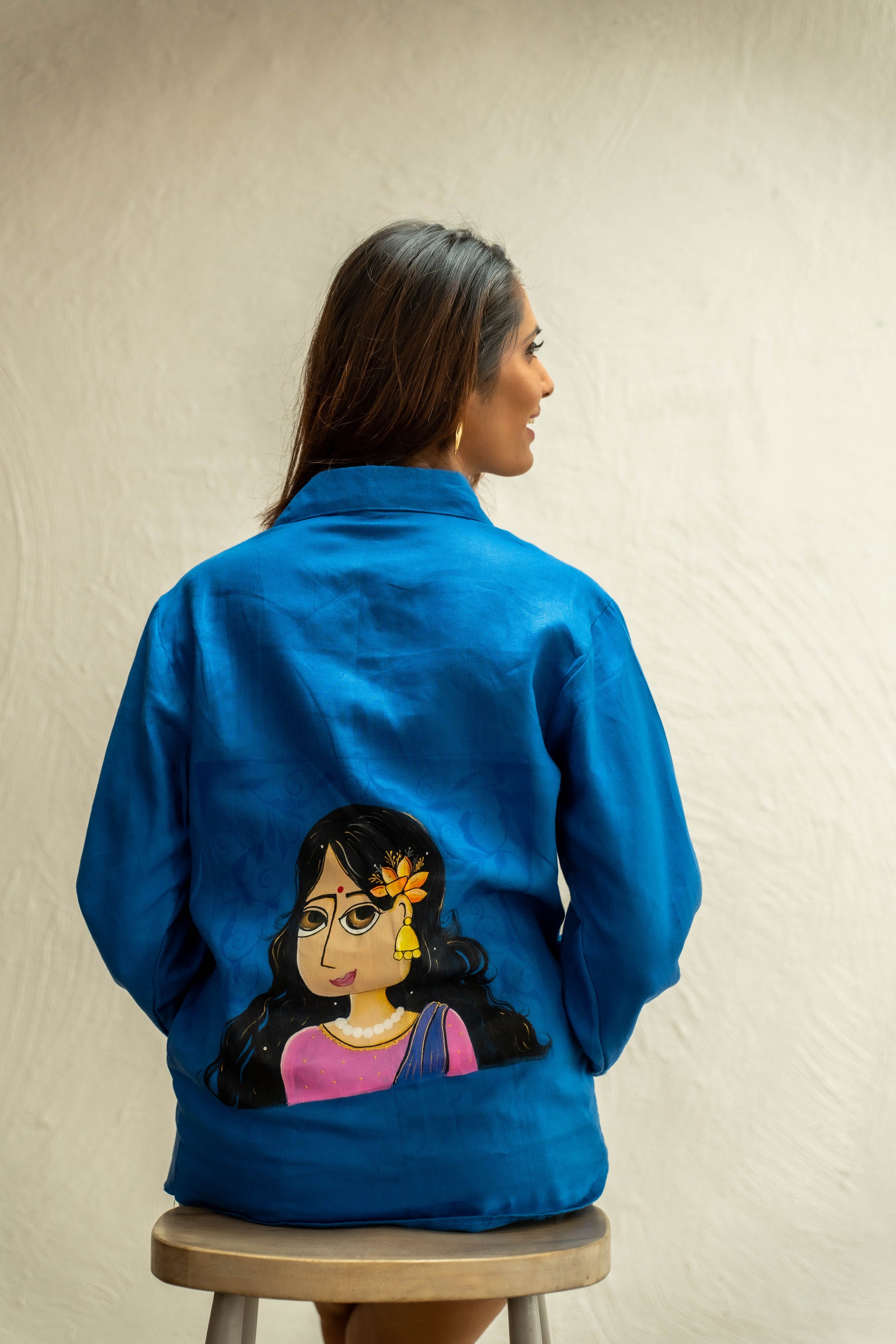 Bold & Artistic: Royal Blue Hand-Painted Linen Shirt