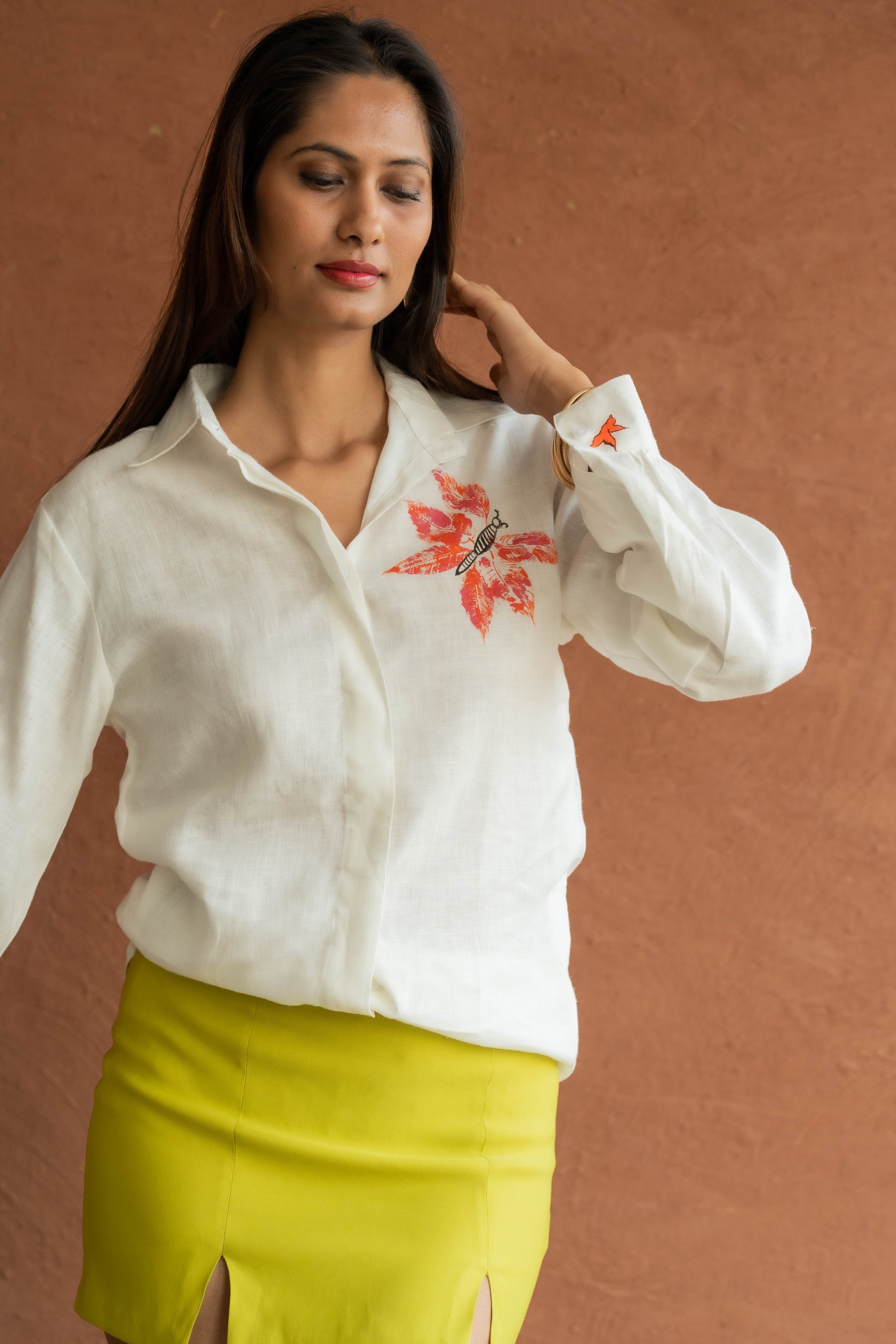 Nature’s Imprint: Hand-Painted White Linen Shirt