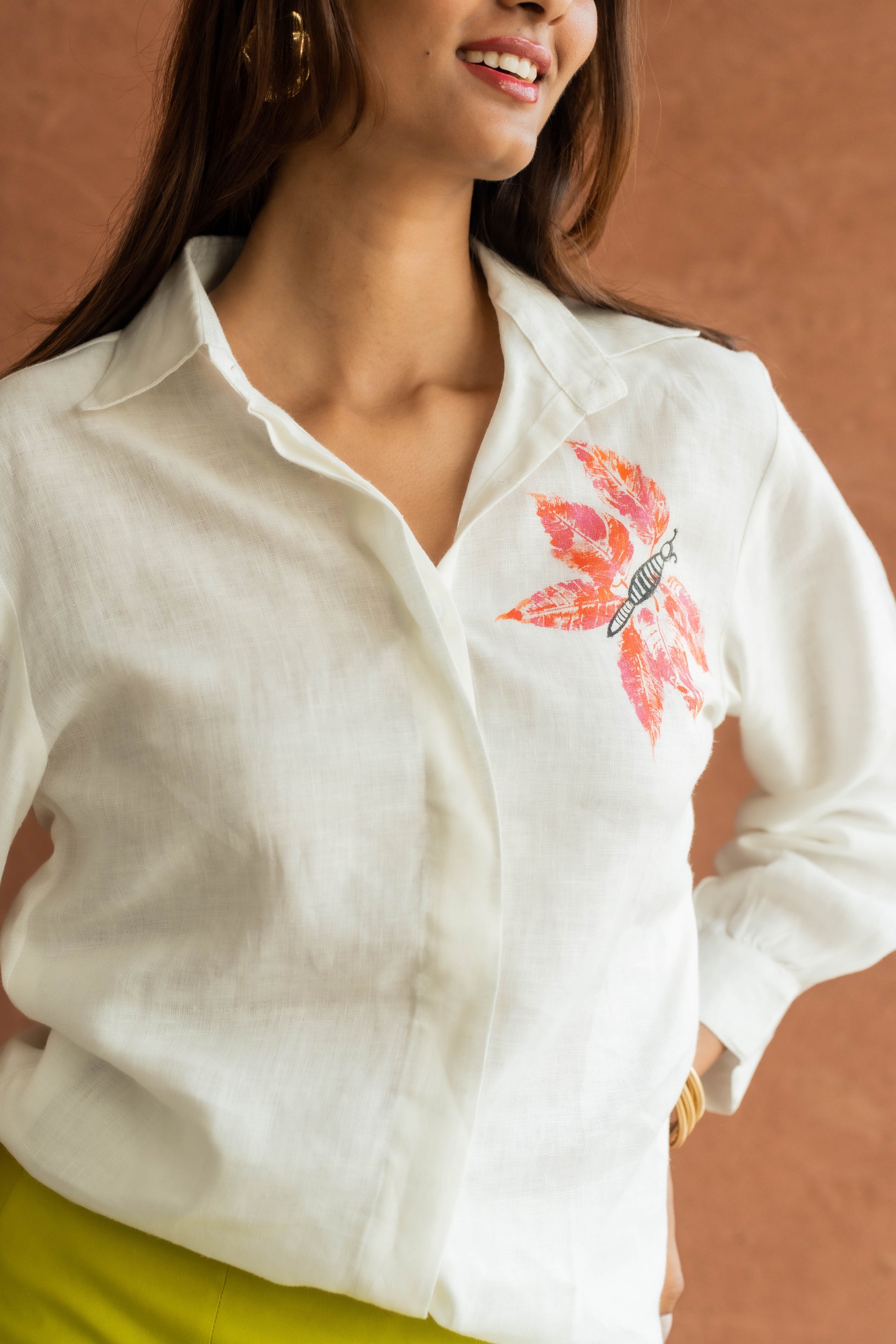 Nature’s Imprint: Hand-Painted White Linen Shirt