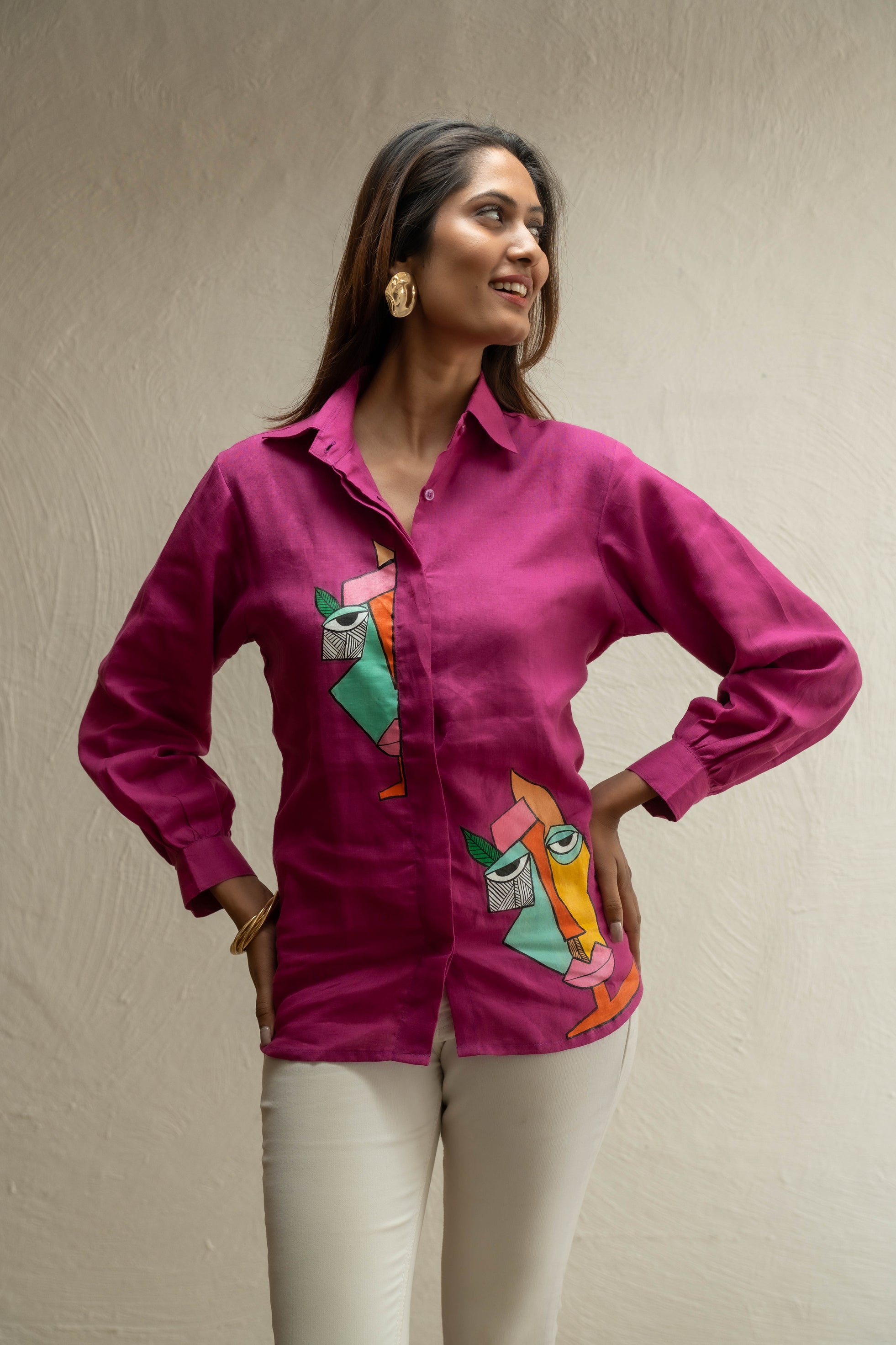 Purple Modern Art Handpainted Linen Shirt