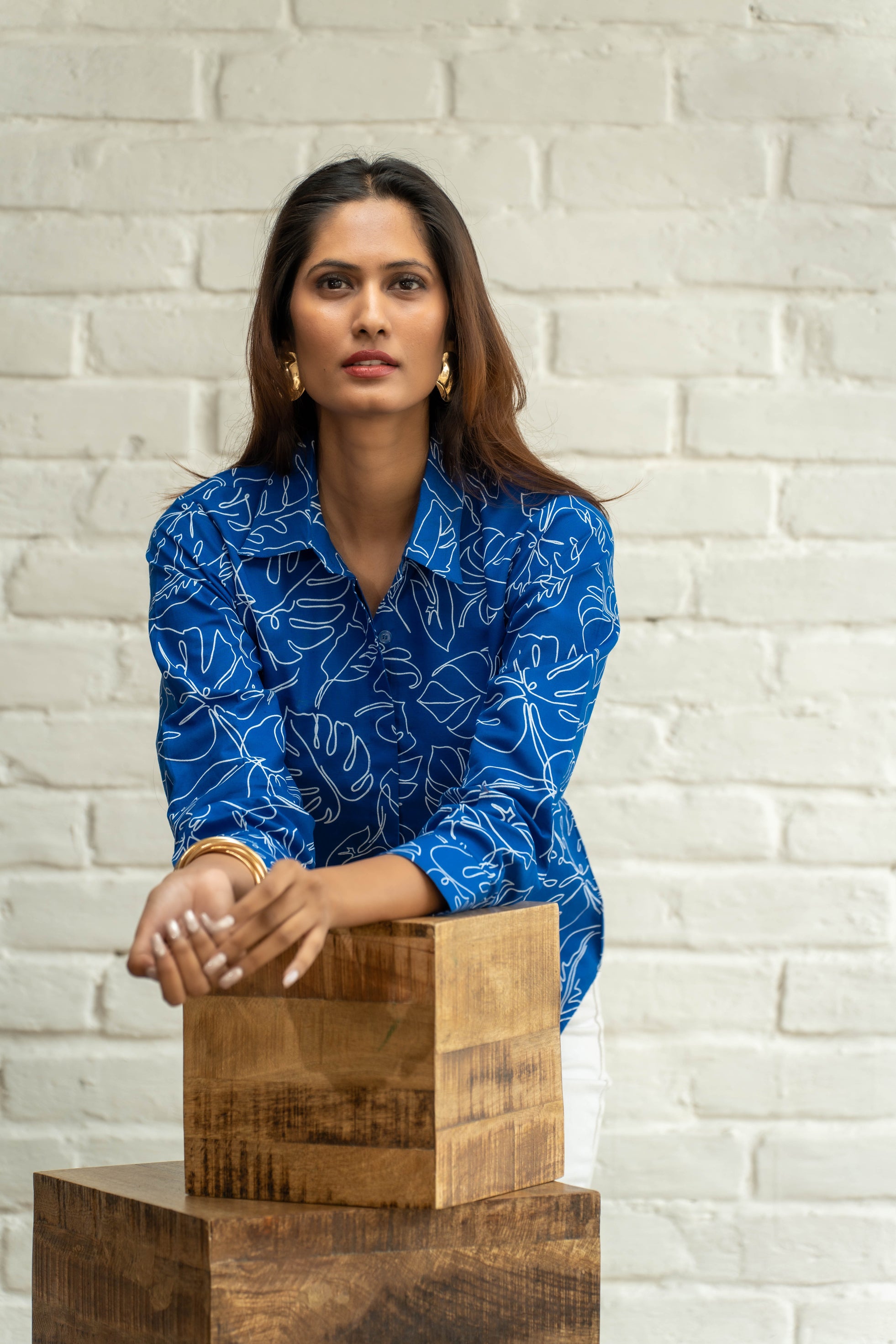 Serene Leaf Printed Blue Shirt