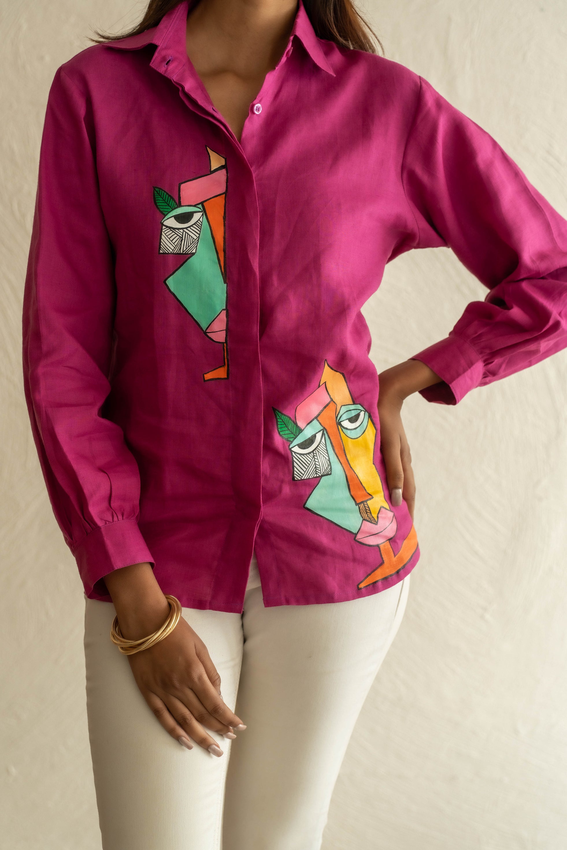 Purple Modern Art Handpainted Linen Shirt