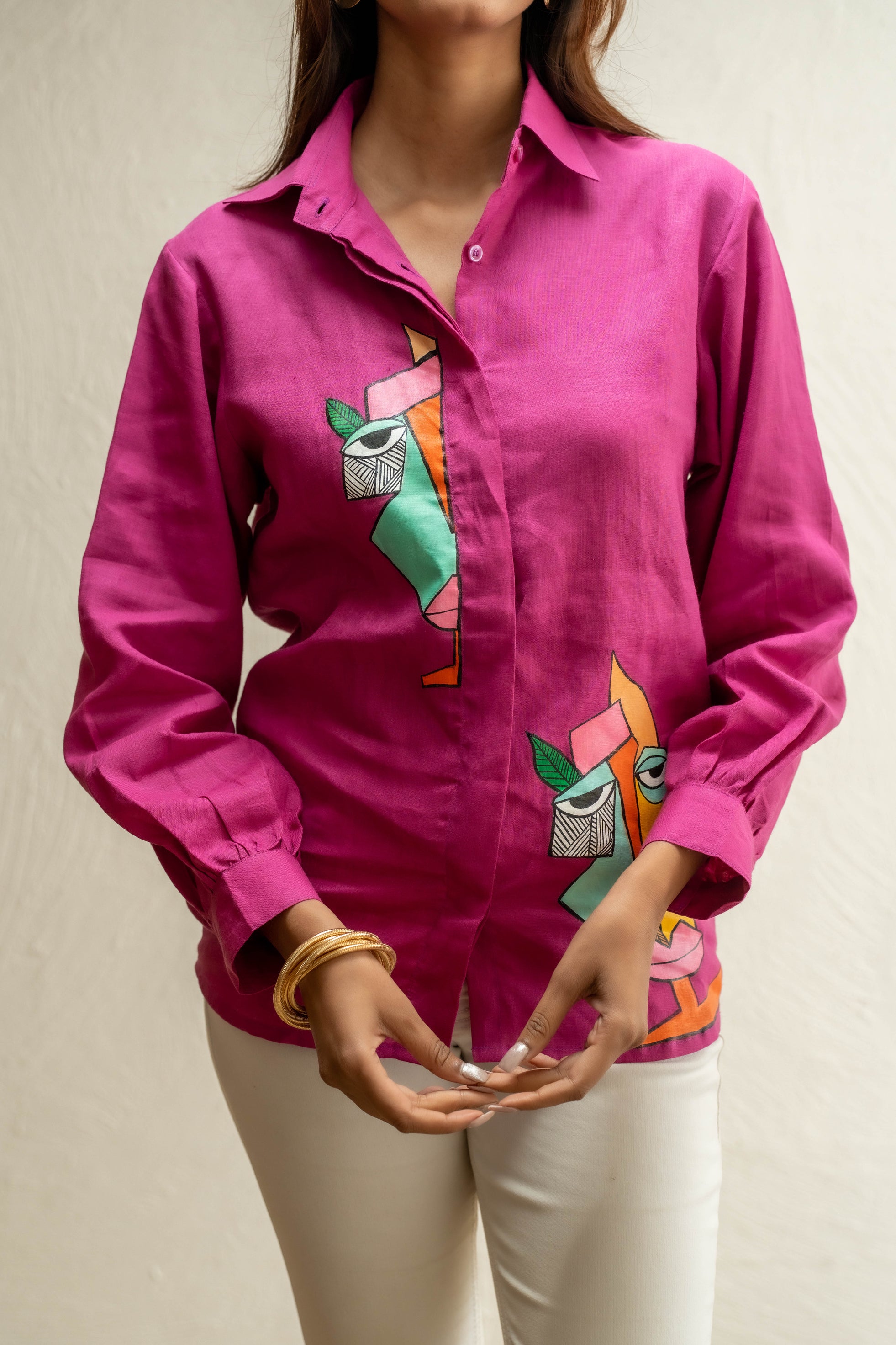 Purple Modern Art Handpainted Linen Shirt