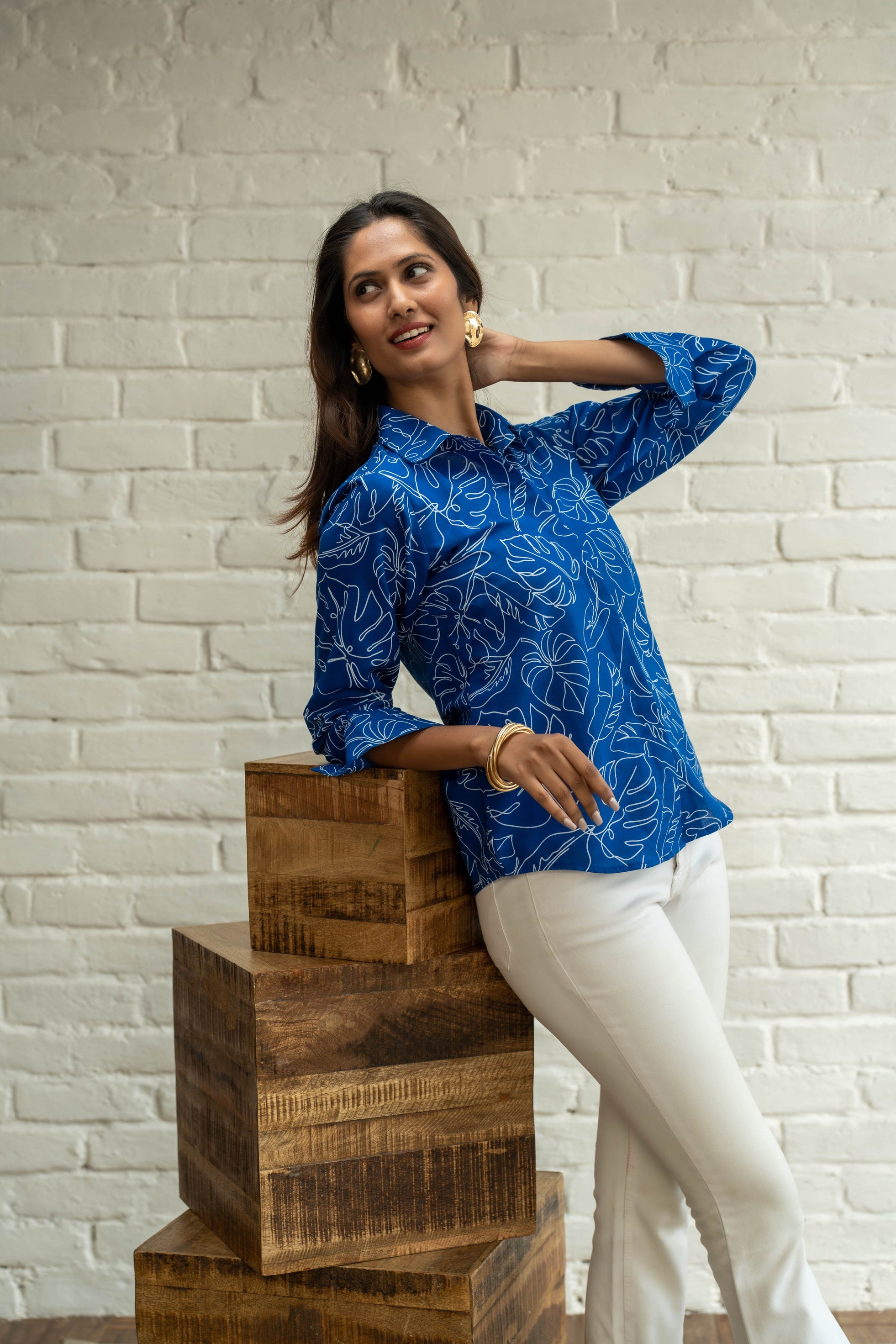 Serene Leaf Printed Blue Shirt