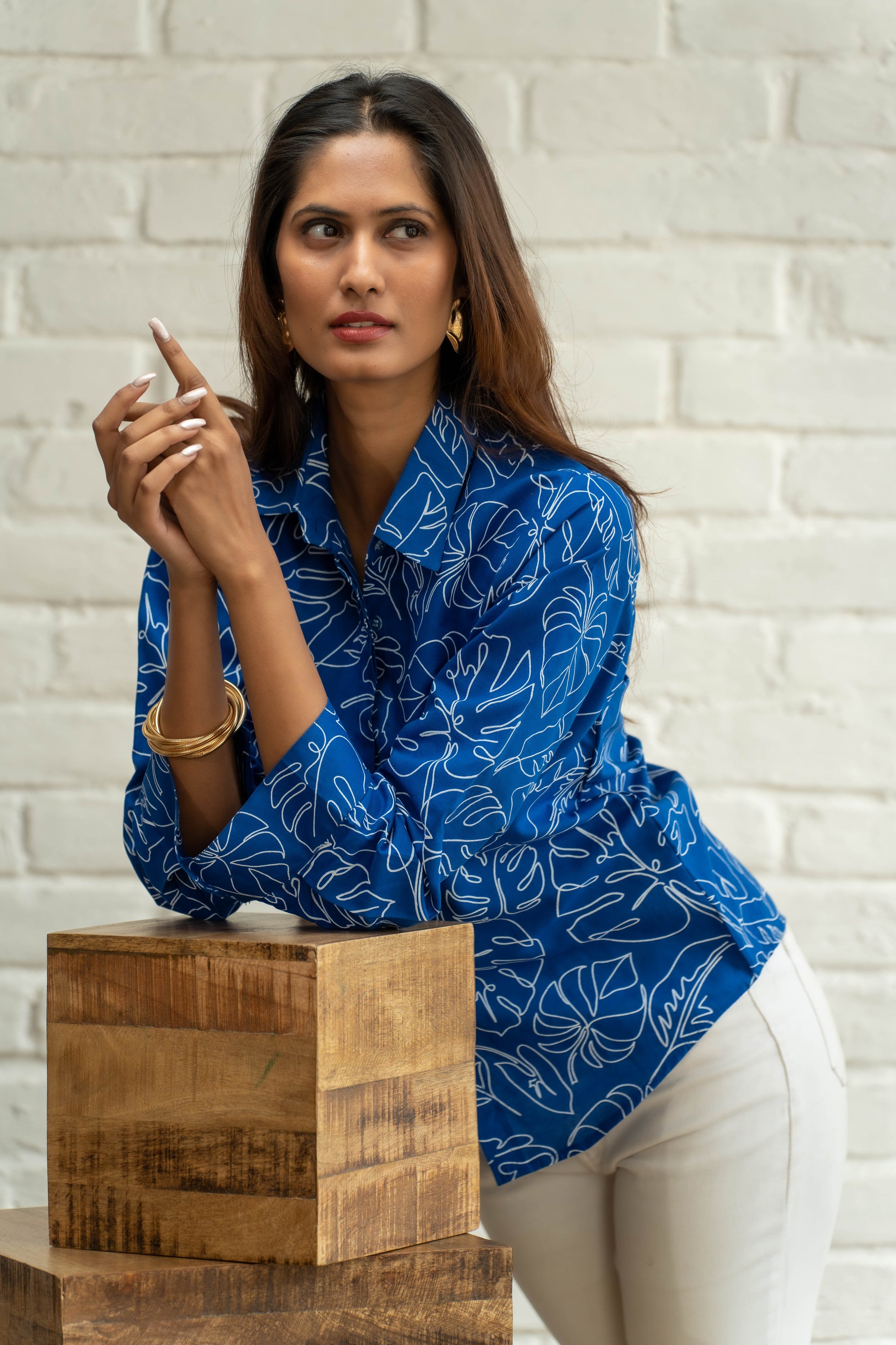 Serene Leaf Printed Blue Shirt