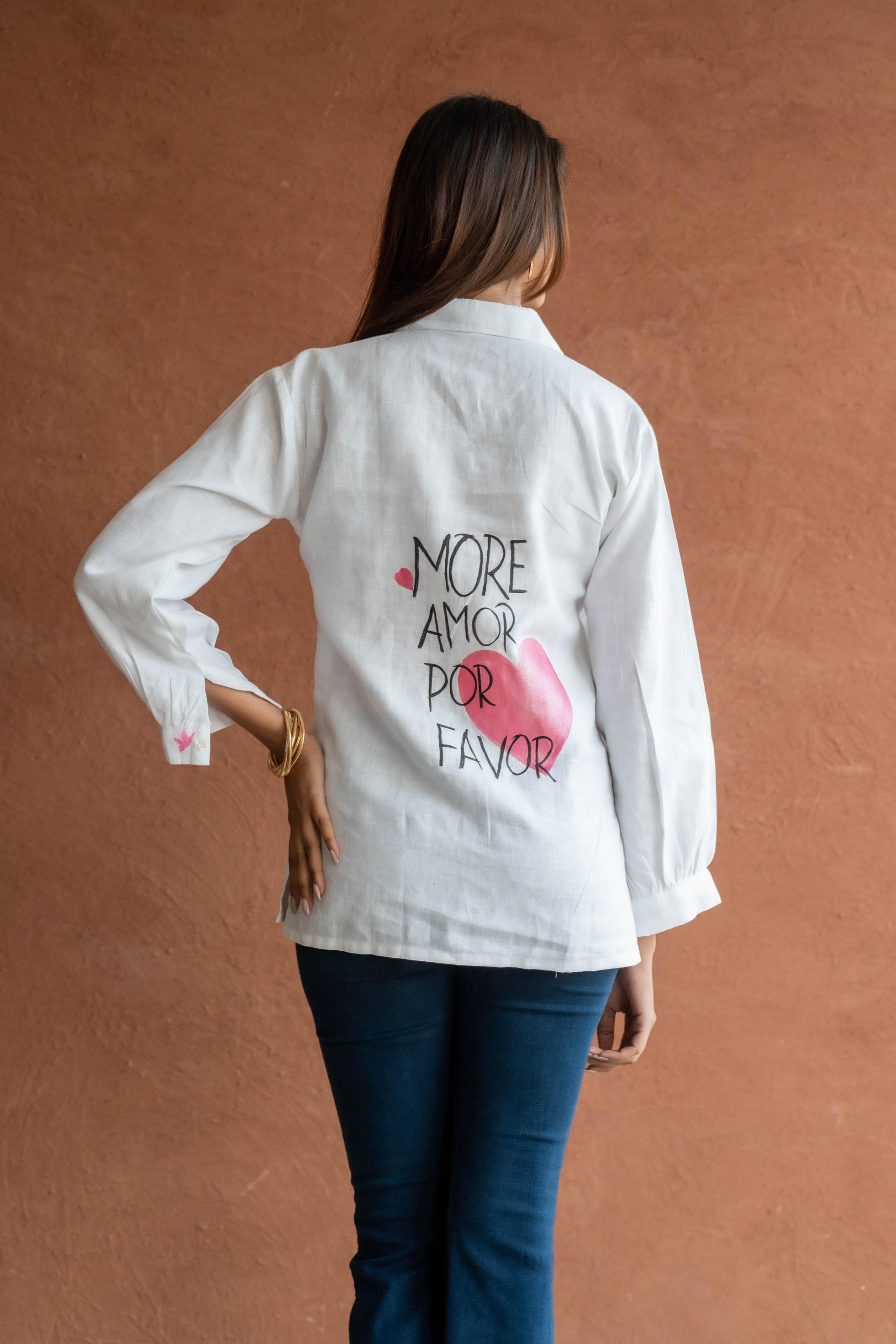 More Amor Por Favor: Hand-Painted White Linen Shirt