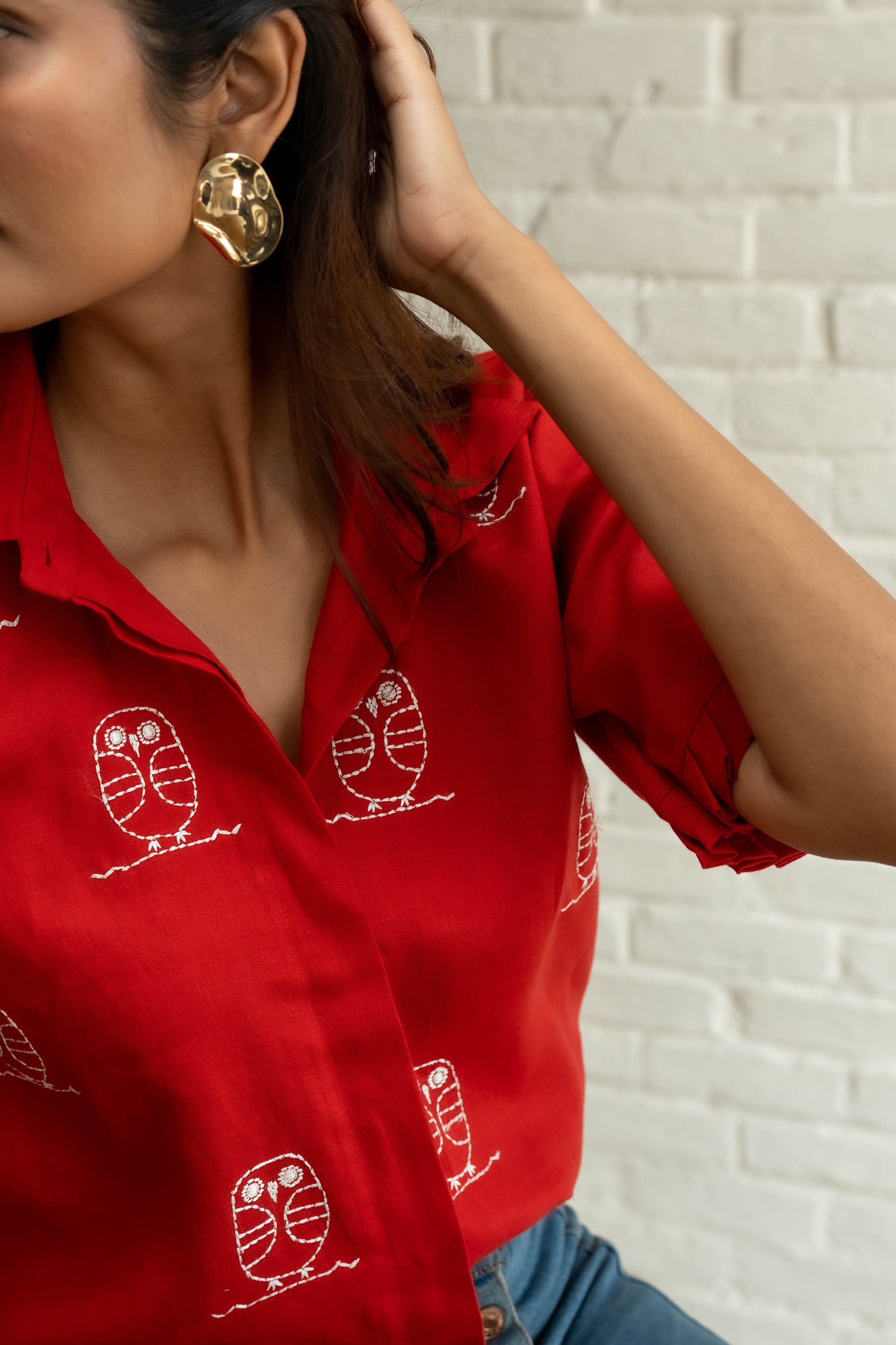 Owl Embroidery Red Linen Shirt