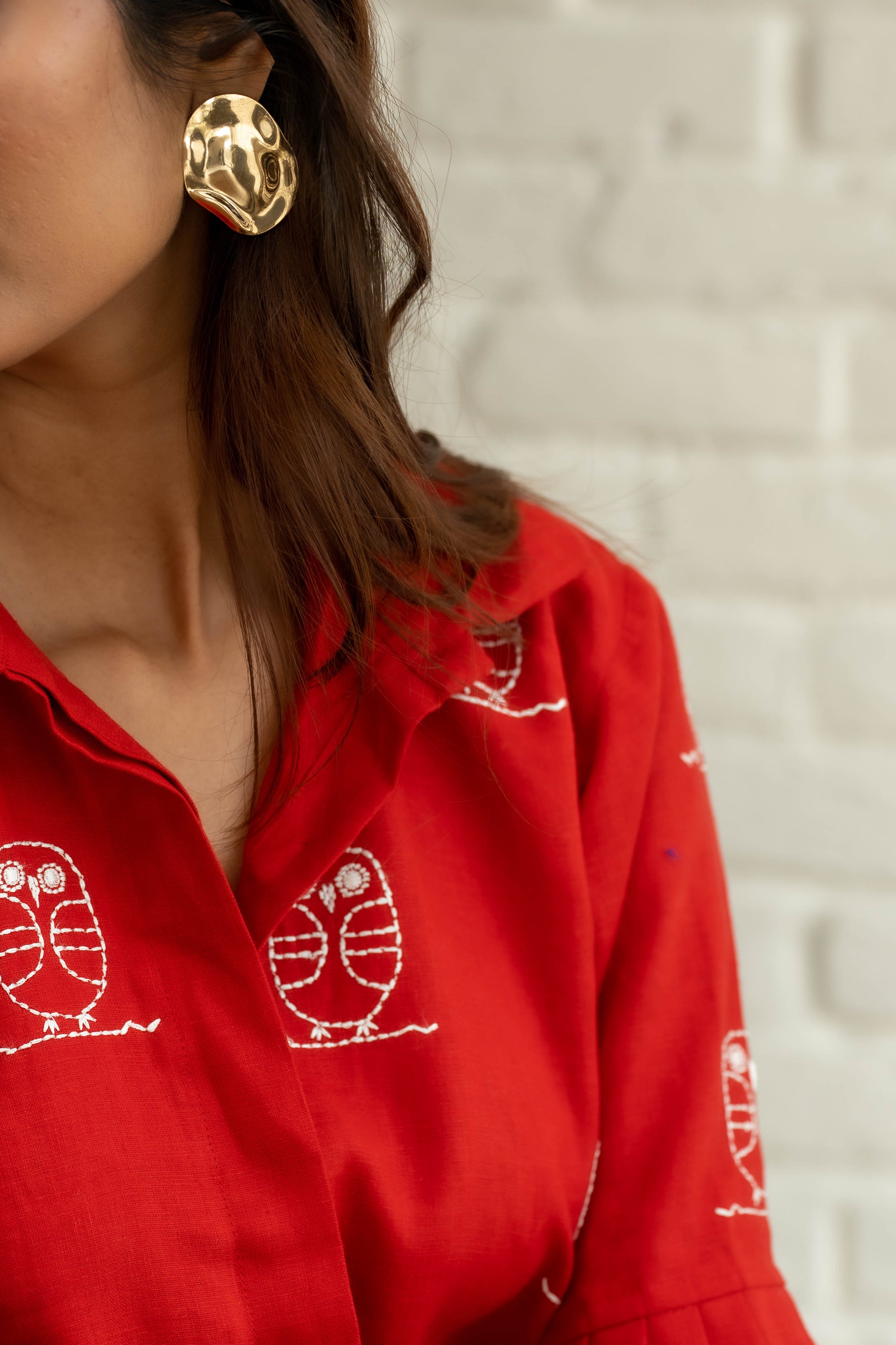 Owl Embroidery Red Linen Shirt