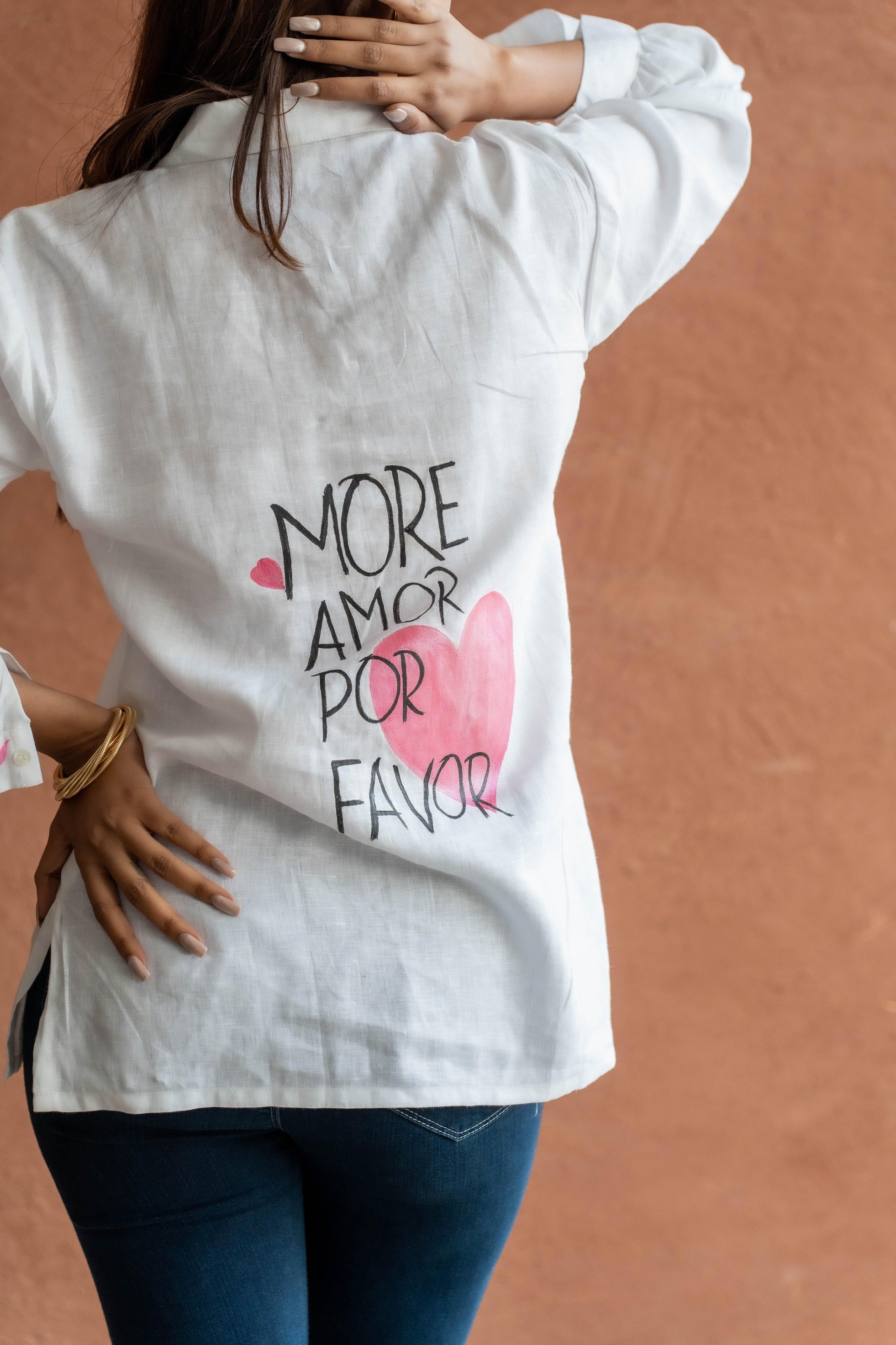 More Amor Por Favor: Hand-Painted White Linen Shirt