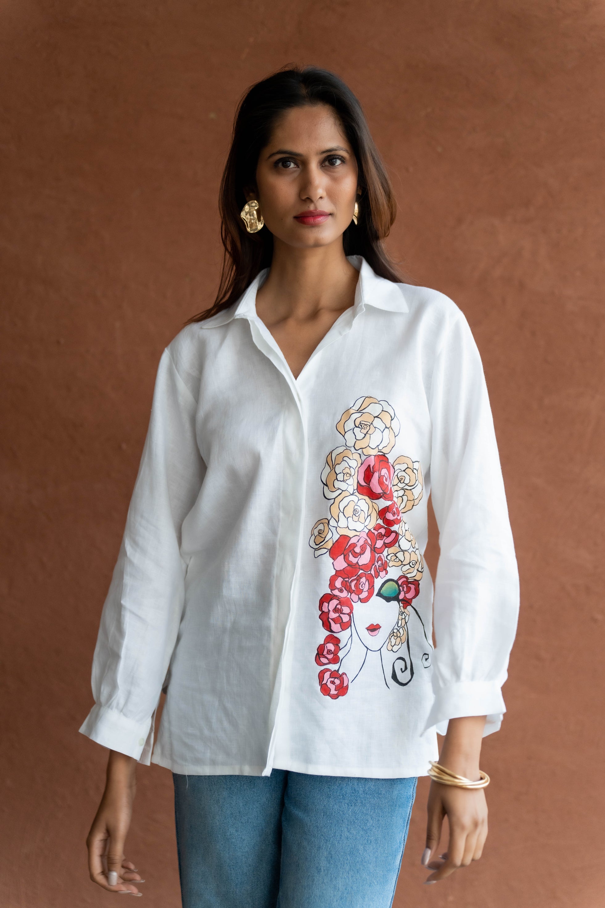 Hand-Painted Roses - White Linen Shirt