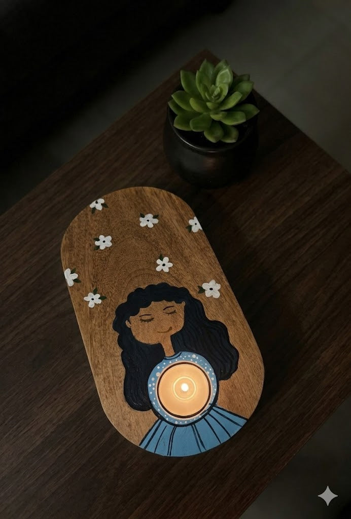 "The Dreamer" | Hand-Painted Wooden Tea Light Stand