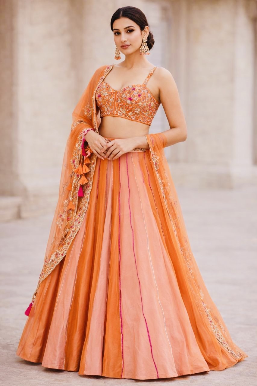 Hand-Embellished Sunset Orange Paneled Lehenga Choli