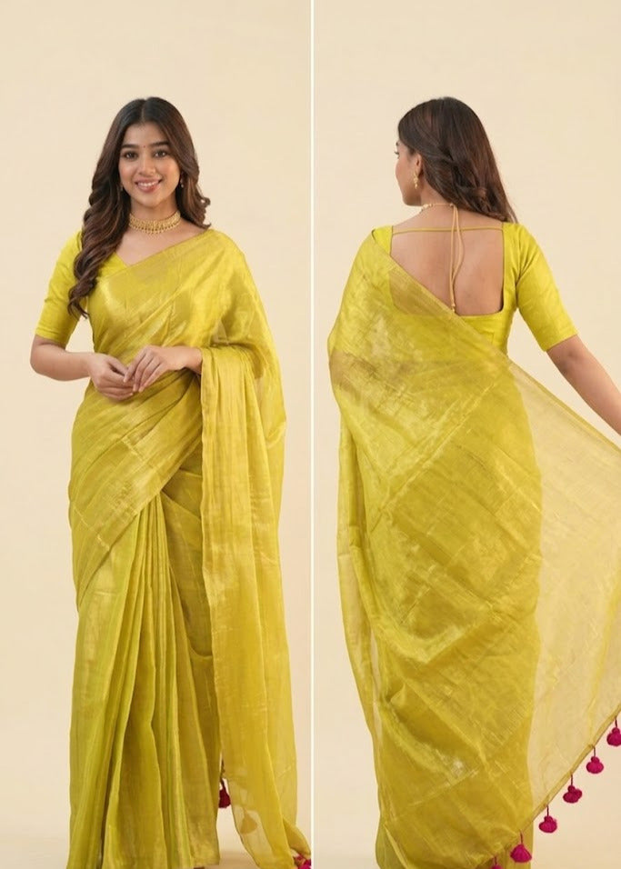 Yellow Golden Handloom Tissue Saree