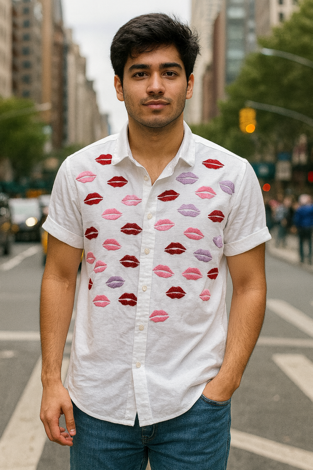 White Embroidered Lips Shirt