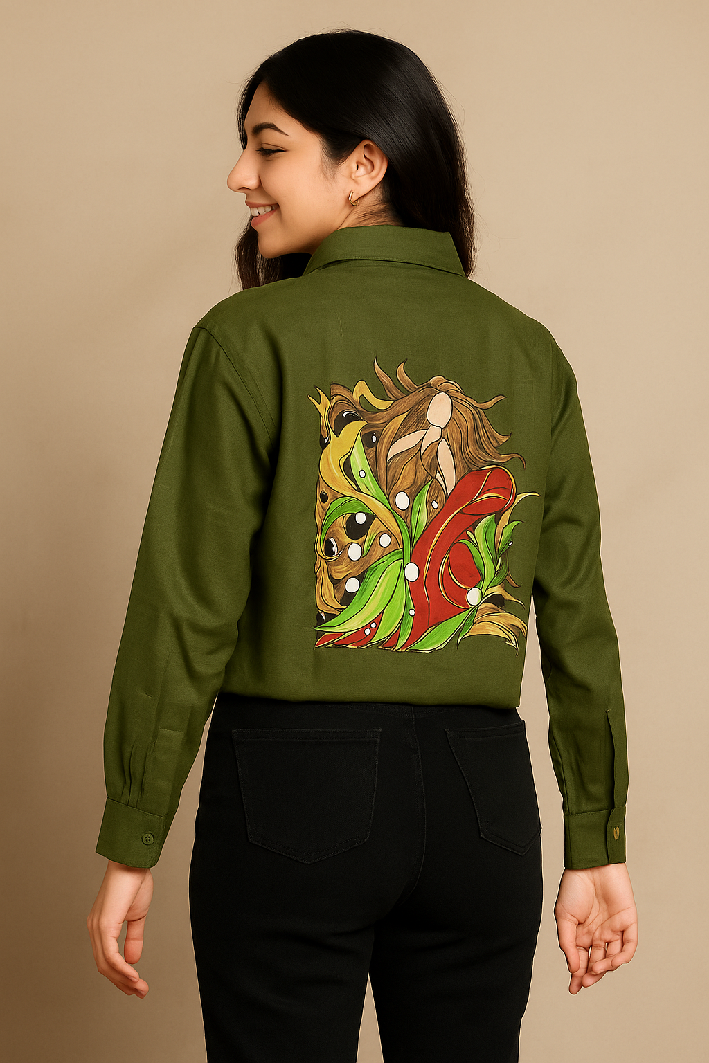 Myrtle Green Hand-Painted Linen Shirt – Artistry in Every Thread